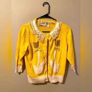 Anthropologie Rare Field Flower Sweet Elation Tulip Applique Cardigan Sweater M